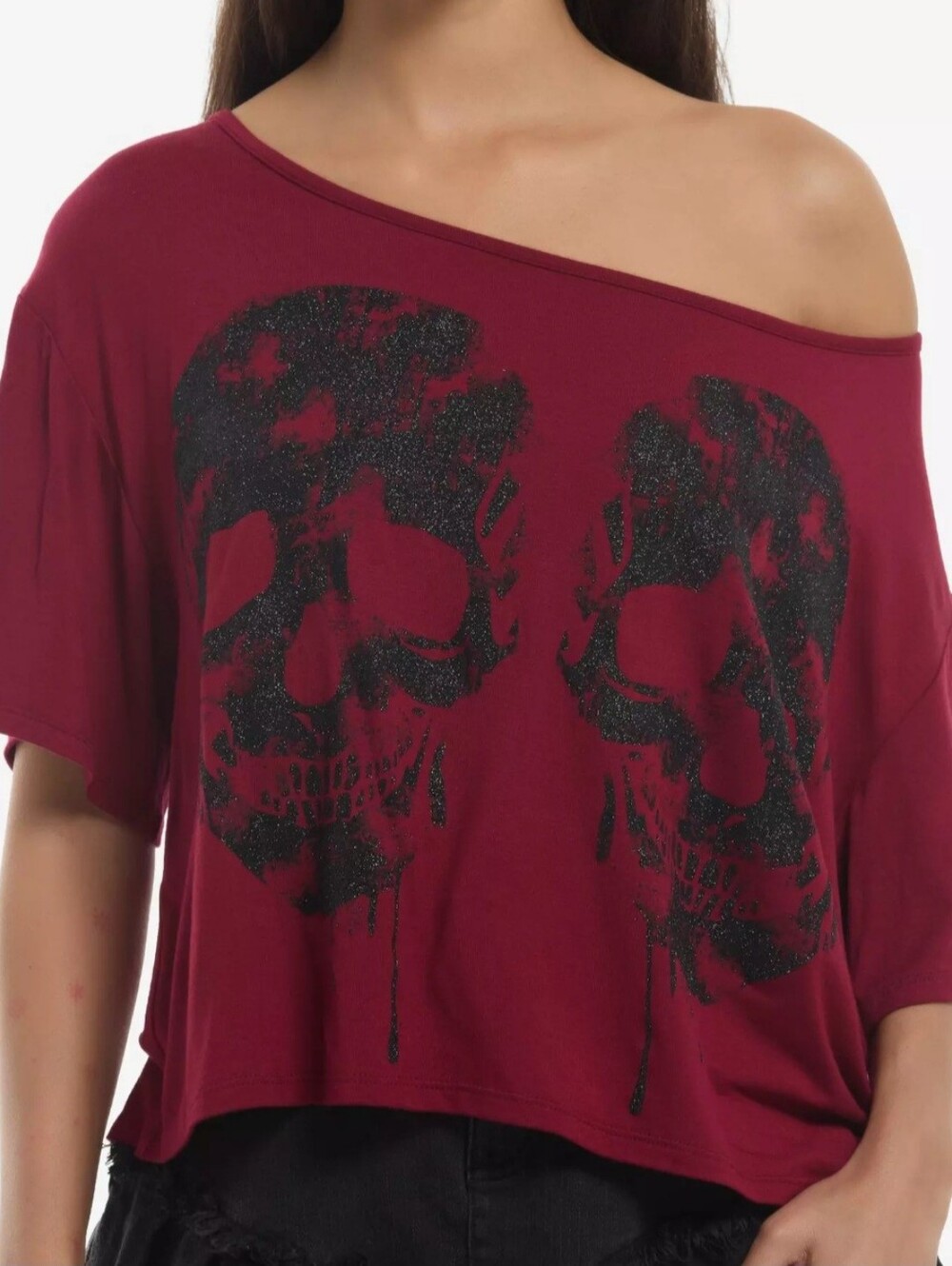 New Hot Topic Maroon Off The Shoulder Black Glitter Skull Top 3X(20)
